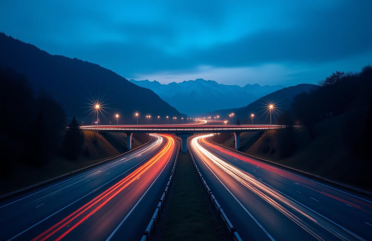 Moderne Autobahn-Infrastruktur bei Dämmerung mit Lichtspuren